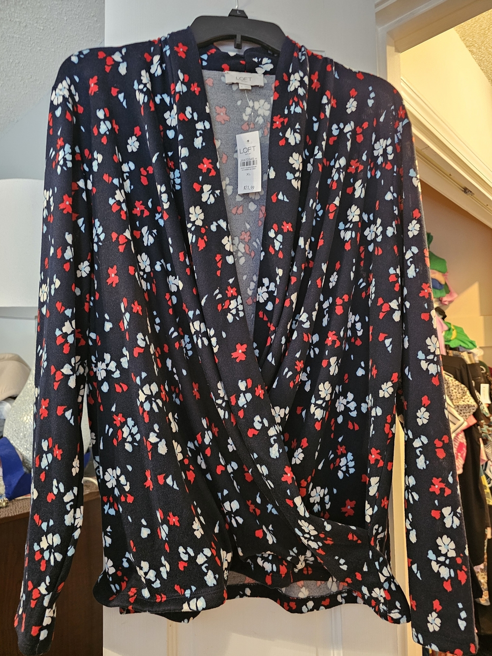 4/$25LOFT Floral Wrap-Front Long Sleeve Top - Navy with Red & Light Blue Flowers